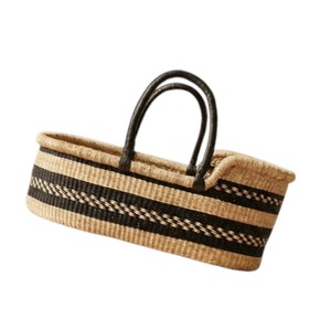 Panier à langer artisanal en jonc de mer à rayures horizontales ethniques et motif croisé, et panier à langer pour enfant en rotin avec - Product Image 2