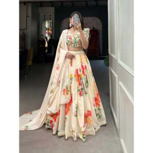 Conjunto Lehenga Choli de mujer con estampado floral en crema de diseñador - Product Image 4