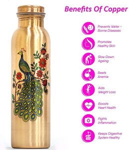 Bouteille d'eau design en cuivre motif paon avec protection anti-fuite avancée, bienfaits pour la santé Ayurveda et Yoga. (1000ml, 1 unité) - Product Image 4
