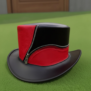 Premium quality custom made Handmade Black & Red Leather top <b>Hat</b> <b>Steampunk</b> with Brass Zipper - Product Image 5