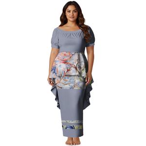 Conjunto de 2 piezas de vestido Puletasi largo para mujer, talla grande, con estampado samoano personalizado y estilo polinesio de dobladillo de cola de golondrina, que incluye top y falda. - Product Image 2
