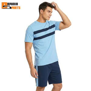Summer Men Sports Tracksuit 2 Pieces Round Neck Workout Gym Running <b>Set</b> Boys Custom Unisex Striped Tshirt Shorts <b>Set</b> 100% Cotton - Product Image 4