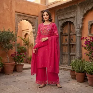 Ensemble d'été 3 pièces décontracté pour femme en mousseline de coton rose uni à manches trois-quarts, longueur totale, respirant - Product Image 4