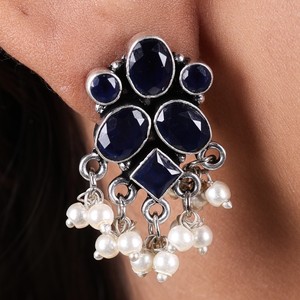 Antique Oxidized <b>Silver</b> Green Stone Drop <b>Earrings</b> with <b>Pearl</b> Hanging Wholesale Bulk | Ethnic Designer Jewelry Manufacturer - Product Image 4