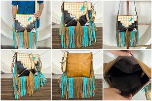 Bolso de mano de cuero con flecos y diseño a cuadros de vaca, hecho a mano, para mujer, estilo cremallera, diseño Turquoise Thunderstorm Lightning, precio bajo - Product Image 3