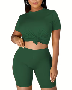 Women 2 Piece Shorts Set Solid Green T-Shirt Biker Shorts Casual Summer Outfit O-Neck Short Sleeve Breathable - Product Image 3