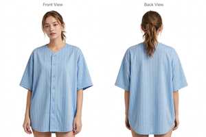 Camiseta de béisbol a rayas de talla grande para mujer, manga corta, con botones, sin cuello - Product Image 3