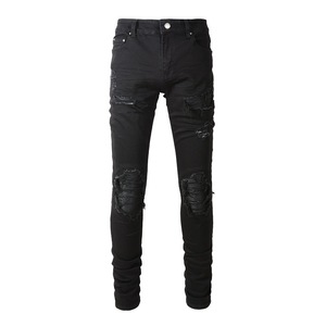Wholesale Fashion Trend Black Pleated Fabric Ripped <b>Jeans</b> Men's Slim Fit <b>Elastic</b> Denim Pants for Men - Product Image 5
