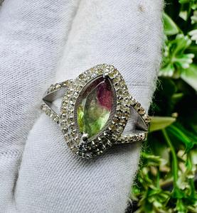 Vintage Bio Tourmaline Marquise Cut Natural <b>Crystal</b> Cocktail <b>Ring</b> 925 Silver Pave Setting Women's Everyday Wear - Product Image 4