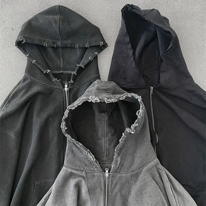 Custom Streetwear Black Hoodies Mens Blank Casual 450gsm Heavyweight French Terry Vintage Distressed Men Acid Wash <b>Zip</b> up Hoodie - Product Image 1