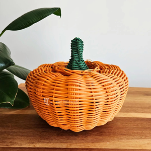 Cesta de Mimbre Hecha a Mano con Forma de Calabaza de Halloween, Decoración Rosa y Naranja con Tapas - ViettimeCraft Decoración para el Hogar - Product Image 2