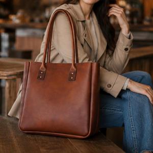 Sac fourre-tout en cuir véritable pour femme, style classique, grande capacité, poignée supérieure, couleur marron, usage quotidien - Product Image 6