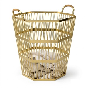 Handmade Iron Metal Gold <b>Laundry</b> <b>Basket</b> Wire Storage Hamper For Dirty Clothes Round Storage Bin For Hotel And Home Bathroom - Product Image 2