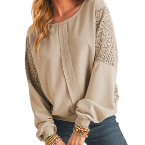 Haut tricoté à col rond et manches longues pour femme avec manches en dentelle, couleur unie, décontracté, respirant, en coton et fibre de bambou, pour l'automne - Product Image 3