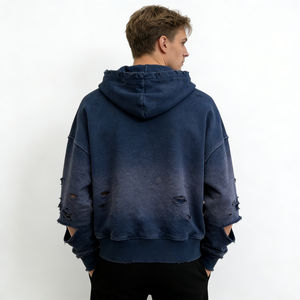 Sudadera con capucha extragrande para hombre OEM, azul marino, con cremallera, efecto desgastado, dobladillo sin rematar, bolsillos, forro polar, estilo casual urbano - Product Image 3