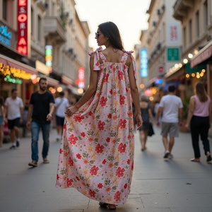 Robe Maxi Boho d'été pour femmes avec bretelles sans manches Rouge Orange Jaune Fleurs et nœud papillon en coton aéré - Product Image 5
