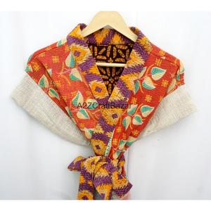 เสื้อคลุมกิโมโนงานฝีมือสไตล์วินเทจ ผ้าคันธา พร้อมเข็มขัด คอวี แขนสั้น ใส่ได้สองด้าน หลากสี สำหรับผู้หญิง - Product Image 2