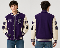 Jaket Varsity Ungu Unisex Kancing Depan dengan Patch Huruf C Bordir Gaya Streetwear Regular Fit Kerah V-neck Pakaian Musim Dingin