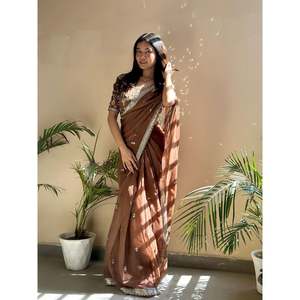 ATTRACTIVE ORGANZA SOIE BRODERIE ZARI SEQUENCE TRAVAIL SAREE AVEC BLOUSE INCOSÉE CHIKU - Product Image 1
