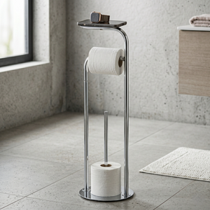 Porte-papier toilette moderne sur pied avec étagère et rangement pour rouleau de rechange, accessoire de salle de bain - Product Image 2
