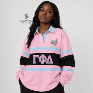 Camiseta de rugby extragrande para mujer Gamma Phi, con bloques de color, manga larga, cuello polo, letras griegas bordadas, estilo universitario. - Product Image 5