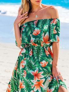 Robe longue d'été florale à volants pour femme, épaules dénudées, manches courtes, dos nu, corsage à volants, ourlet fendu, robes de plage - Product Image 5