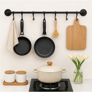 Rail d'organisation mural noir mat pour cuisine, support multifonctionnel suspendu pour casseroles et poêles avec crochets en S pour ustensiles de cuisine - Product Image 3