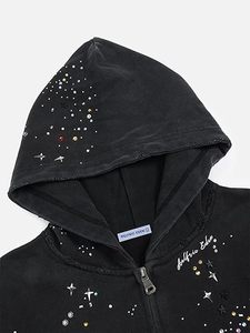 Sudadera con capucha y cremallera negra con pedrería para hombre, estilo oversize, streetwear, casual, con estampado de estrellas - Product Image 3
