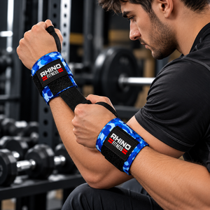 RHINO FITNESS Bandes de maintien pour poignets en coton camouflage bleu, sangles de soutien pour haltérophilie avec fermeture auto-agrippante, attelle de gym pour main gauche - Product Image 2