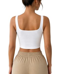 Top Corto Blanco con Cuello Cuadrado para Mujer, Sin Mangas, de Algodón Acanalado Elástico, para Fitness, Yoga, Casual, Verano, Básico, con Logotipo Personalizado - Product Image 2