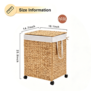Panier à linge roulant en jacinthe d'eau naturelle tressée avec couvercle et roulettes - Product Image 2