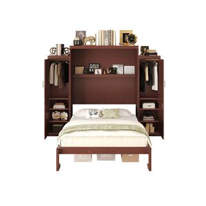 Lit Murphy en bois taille Queen avec 2 armoires de rangement, lit plateforme pliable multifonctionnel - Product Image 5