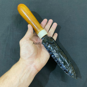 Couteau artisanal en obsidienne avec manche en bois, objet de collection, sculpture décorative - Product Image 3