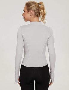 Women's Light Gray Full Sleeve <b>Zipper</b> <b>Top</b> Stand Collar Solid Color Breathable Spandex Polyester Sportswear Skinny Fit Pockets - Product Image 4