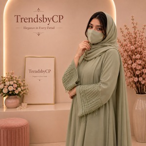 Robe Abaya élégante et modeste pour femmes |   Robe de soirée simple en organza brodée naturelle |   Manches de luxe ornées en gros - Product Image 3