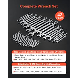 Set di chiavi combinate metriche SAE da 42 pezzi, a 12 punte, con estremità a bussola angolata a 15 gradi e apertura a rotella - Product Image 2