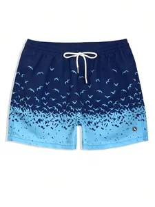 Shorts de plage pour hommes à imprimé mouettes dégradé bleu avec cordon de serrage à la taille, séchage rapide, fabriqués au Pakistan - Product Image 1