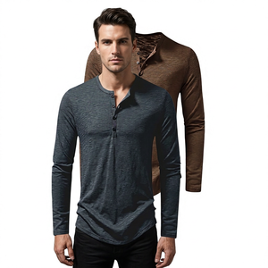 Men's Long Sleeve Henley T-Shirt Knitted Regular Fit Casual Solid Color Button-Up Front Logo Breathable V-Neck 100% Cotton - Product Image 6