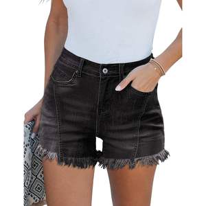 2025 femmes à la mode taille haute Denim Shorts cousu avant extensible coupe maigre avec coupe ourlet effiloché pour l'été décontracté - Product Image 1
