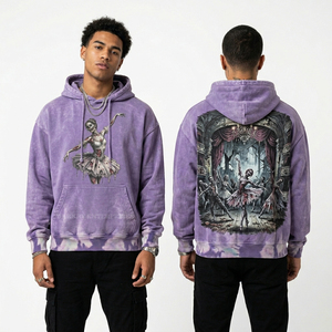 Sweat à capuche tie-dye violet personnalisé pour homme, imprimé graphique Zombie Ballerina, délavage vintage, coupe oversize, streetwear, fabrication usine - Product Image 1