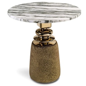 Cortes Modern <b>Side</b> <b>Table</b> Nella Vetrina Antique Gold Finish <b>Marble</b> <b>Top</b> Brass Detail Upholstered Base Luxury Designer Accent <b>Table</b> - Product Image 3