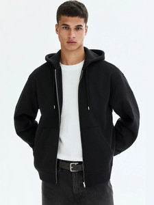 Men's Black Hooded <b>Zip</b>-<b>Up</b> Sweatshirt Regular Fit Cotton Fleece Casual Autumn Streetwear Zipper Hoodie - Product Image 3