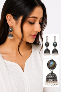 Wholesale Supplier Multi Gemstone Jhumka <b>Earrings</b> | Oxidized Pearl Dome <b>Dangle</b> <b>Earrings</b> for Women - Product Image 3