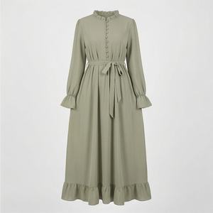 Vestido Abaya Islámico Moderno con Volantes, Manga Larga, Diseño Actual, Cinturón en la Cintura, Botones, Ropa Modesta para Mujer - Product Image 1