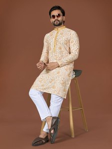 <b>Men's</b> Digital Printed Cotton <b>Kurta</b> White Chinos Regular Fit Traditional Ethnic Wear for Casual/Party Occasions India Quick Dry - Product Image 1