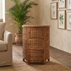 Mesa de Noche Tradicional de Madera de Teca con Mimbre Natural Tejido, Mesa Auxiliar de 3 Cajones para Almacenamiento, Mueble para Dormitorio, Sala de Estar u Hospital - Product Image 2