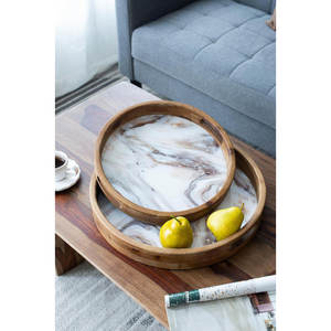 Plateau de service rond en bois Art Déco, fait main, avec incrustation de marbre, finition solide et durable, pour la vente en gros - Product Image 1