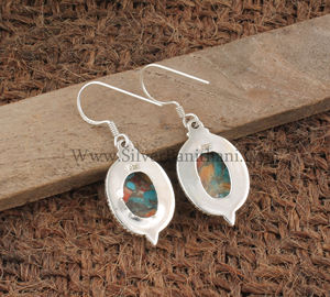 Boucles d'oreilles pendantes en argent sterling 925 avec coquille d'huître naturelle, cuivre, turquoise et pierres précieuses composites orange et bleues, style bohème, vente en gros - Product Image 6