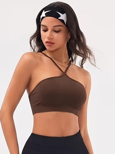 Female Seamless Cross <b>Neck</b> Yoga Bra Ribbed Knit Stretch Athletic Top <b>Padded</b> Low Impact Activewear Tank Top Fitness Wear - Product Image 3