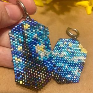 Pendientes de aro con cuentas de mosaico azul, joyería geométrica hecha a mano con flecos, accesorios de moda bohemios para mujeres y niñas, elegantes - Product Image 2